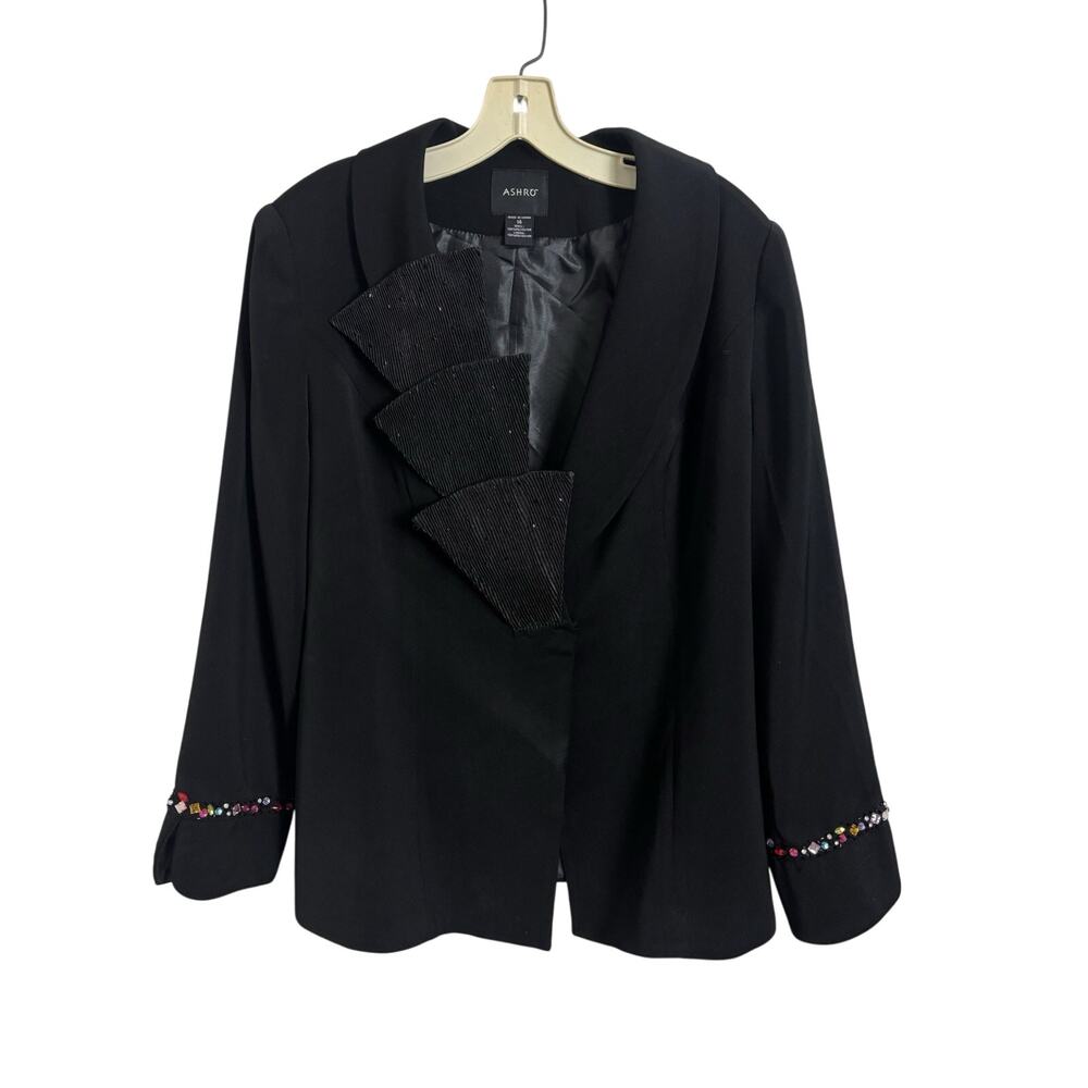 Ashro Black Absrtact Women’s Blazer Size 14 Bejeweled Cuffs Artsy Asymmetrical